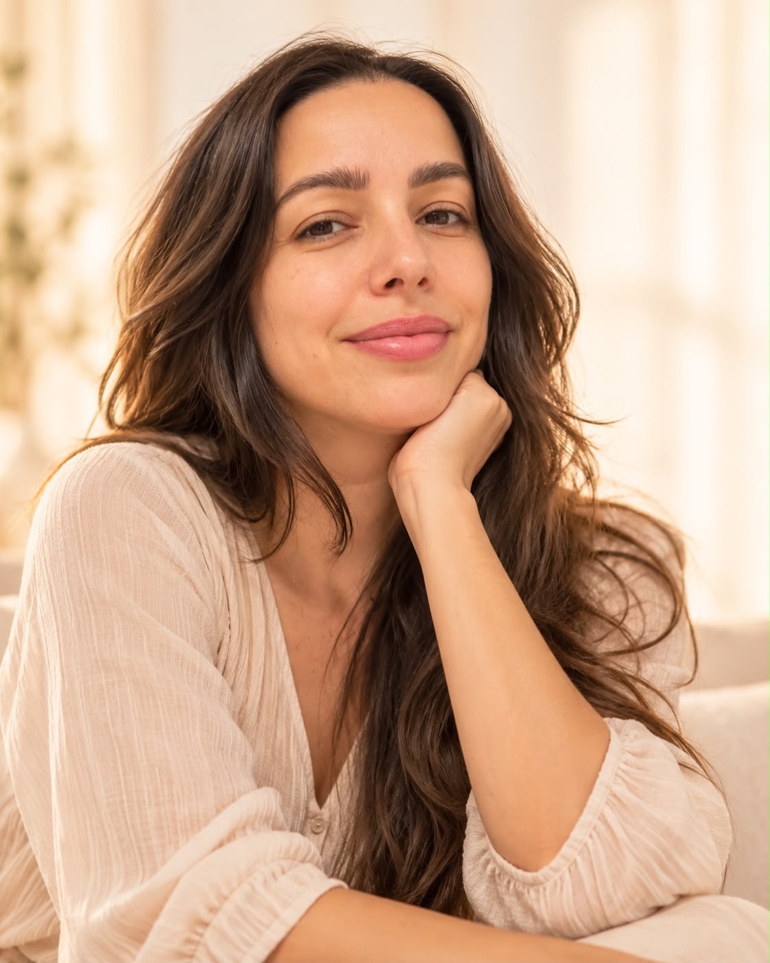 Ana Pelegrini Paula sorrindo, com a mão apoiada no queixo